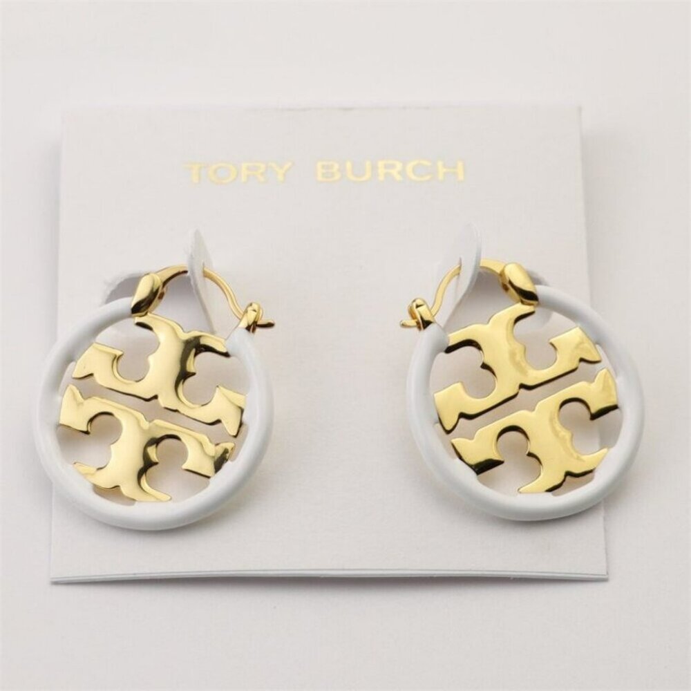 💎Tory Burch Gold & White Logo Hoop Earrings ✨